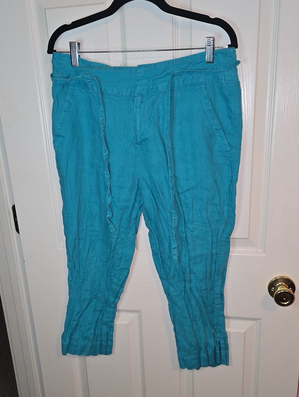 Kimβ Rogers Turquoise Drawstring Linen-Blend Chinos